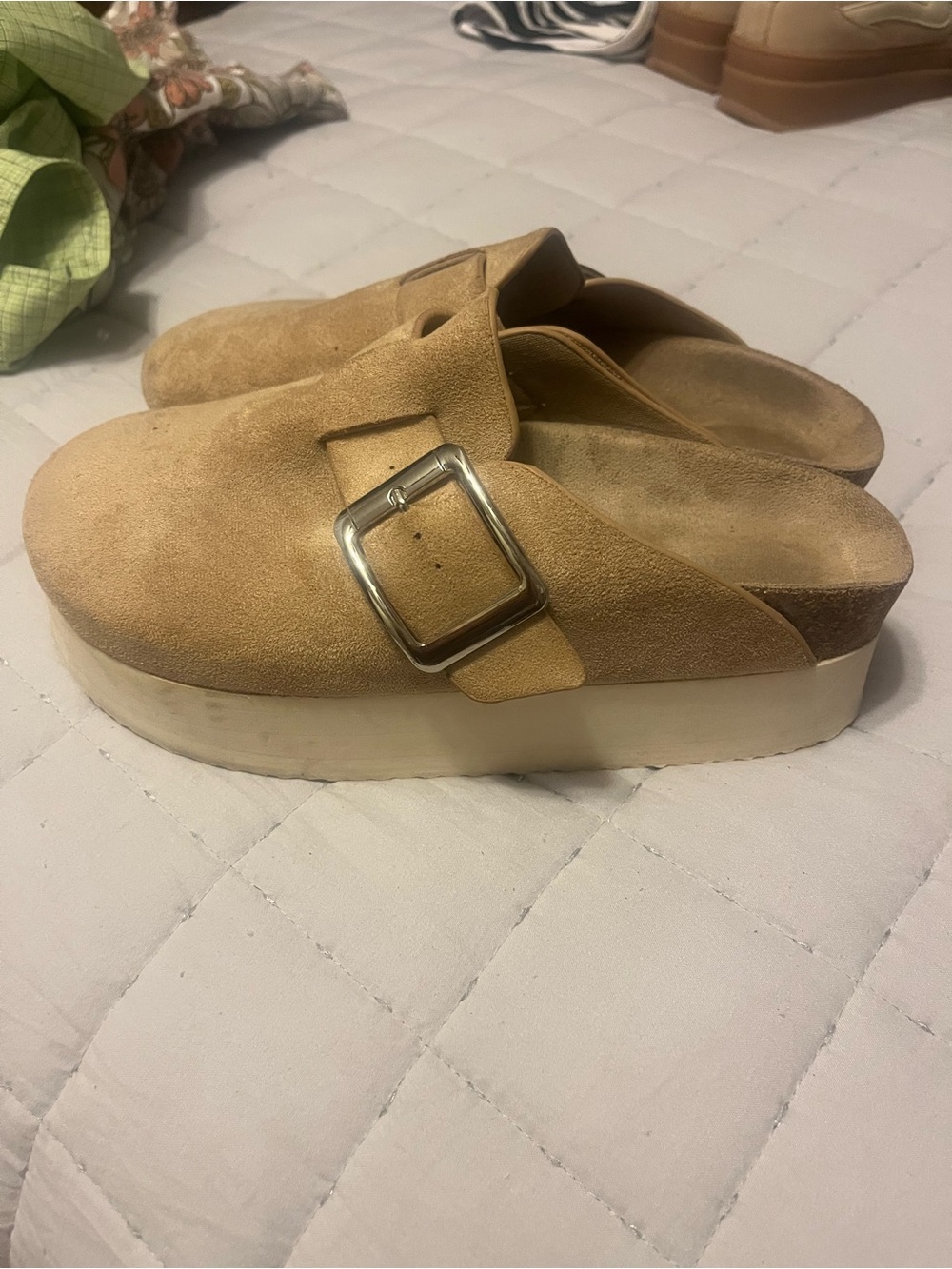 Madden Girl Tan Suede Platform Clogs with Silver Buckle